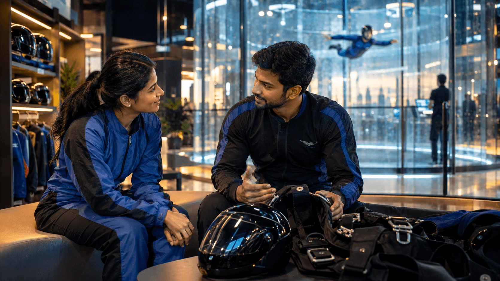 two indians sitting in front of wind tunnel