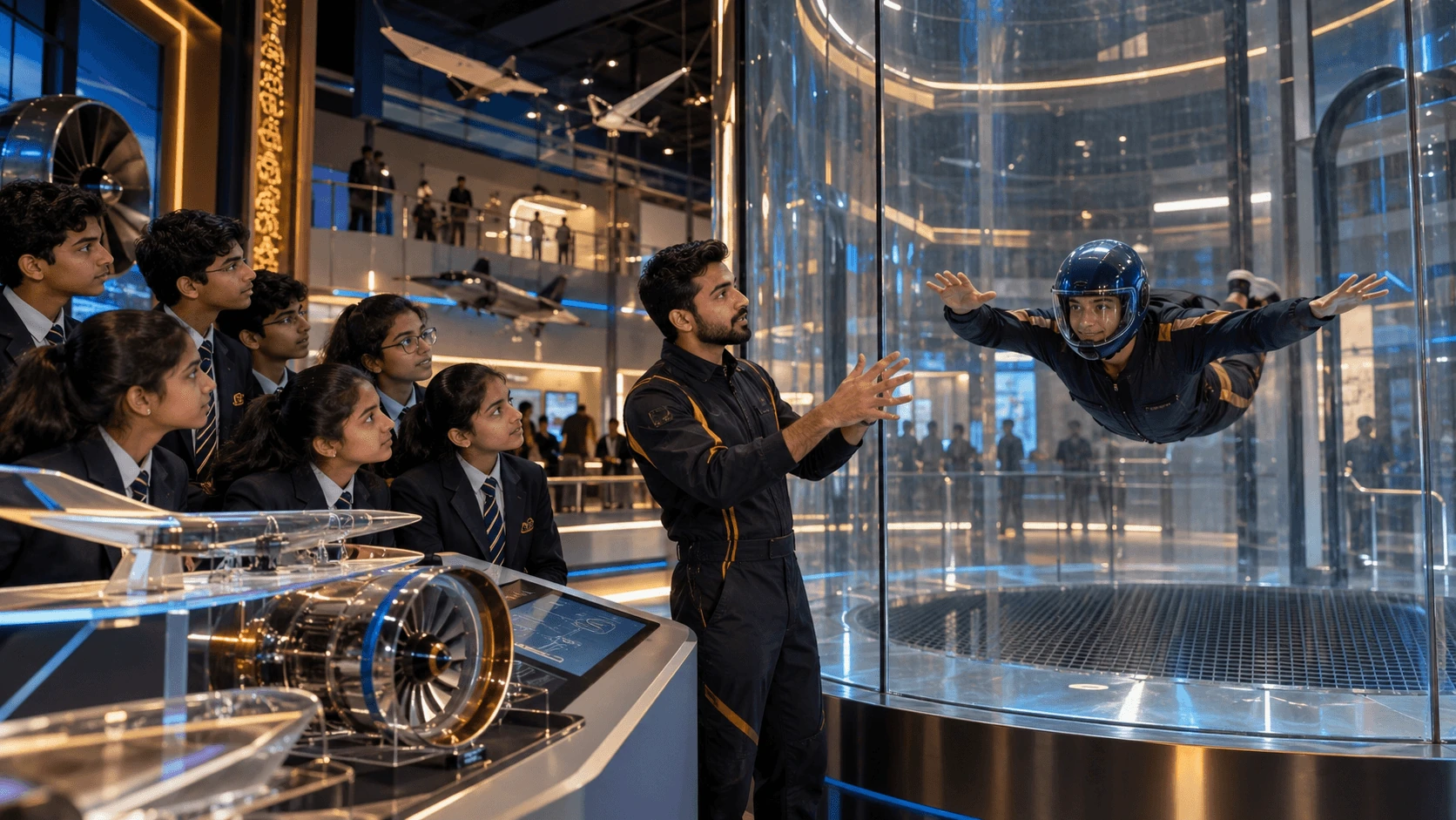 teacher educating students on wind tunnel
